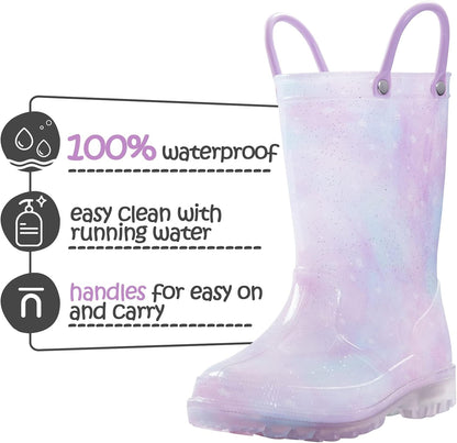 Toddler Light up Rain Boots Patterns and Glitter Rain Boots for Girls Boys with Handles