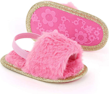 Newborn Infant Baby Plush Slippers Unisex Toddler Soft Sole Faux Fur Prewalker Sandals with Elastic Back Strap