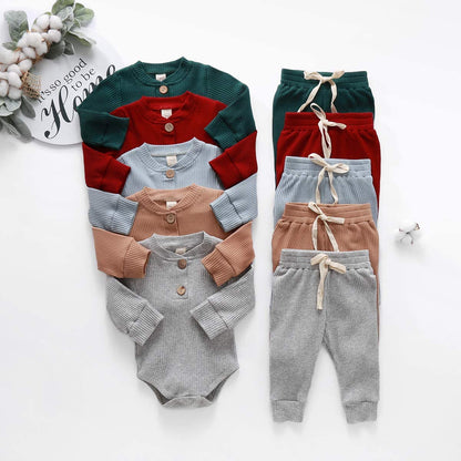 Winter Newborn Baby Boy Girl Clothes Set Ribbed Outfits Unisex Infant Solid Cotton Button Long Sleeve Tops Pants 2PCS